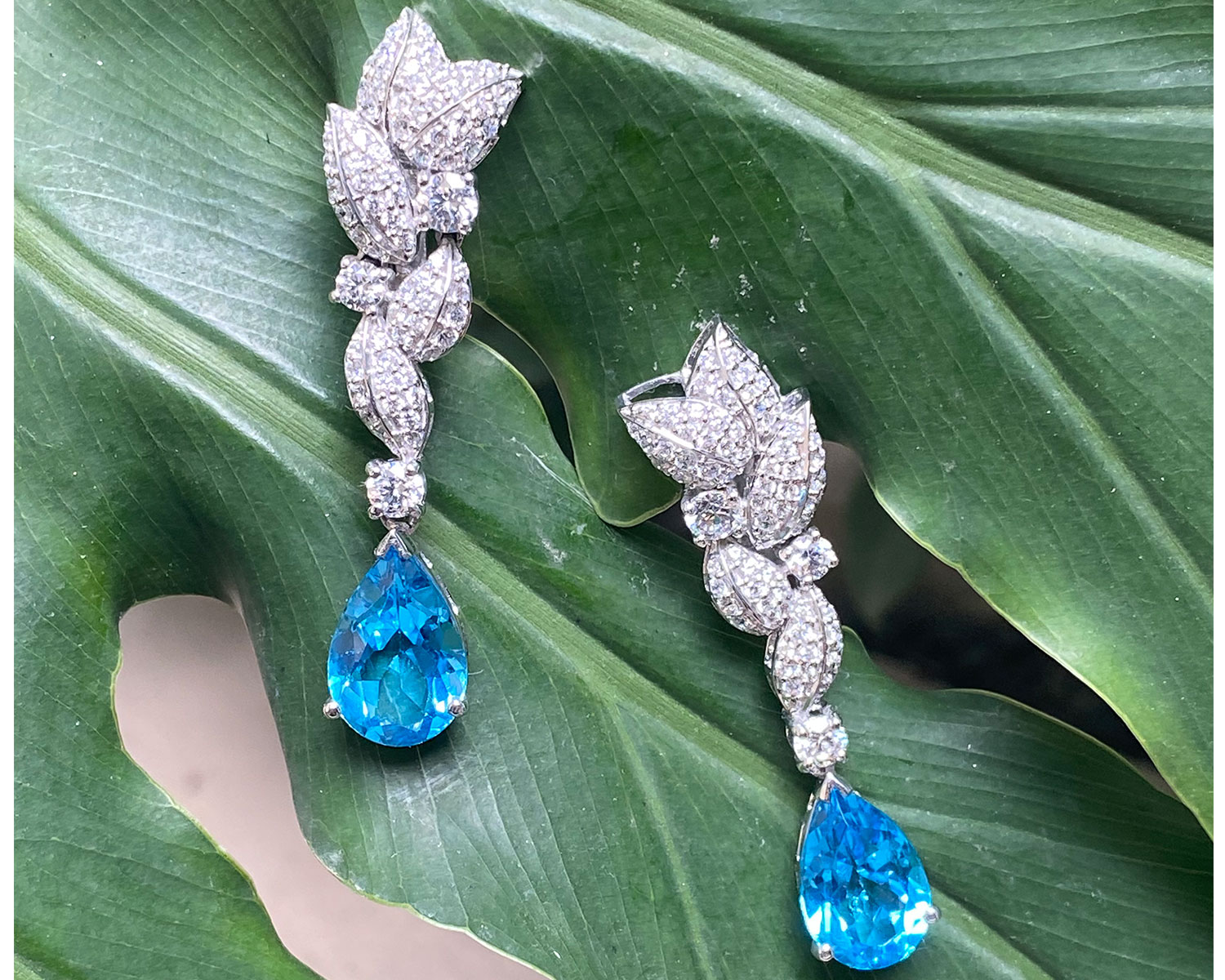 Foliage Long Earrings With Aquamarine Drops